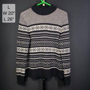 Brooks Brothers Sweater Womens L Black White Fair Isle Nordic Mock Neck Preppy